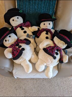 Set of 4 Plush Snowman Snowden Stuffed Toys with Black Hats & Red Plaid Scarves